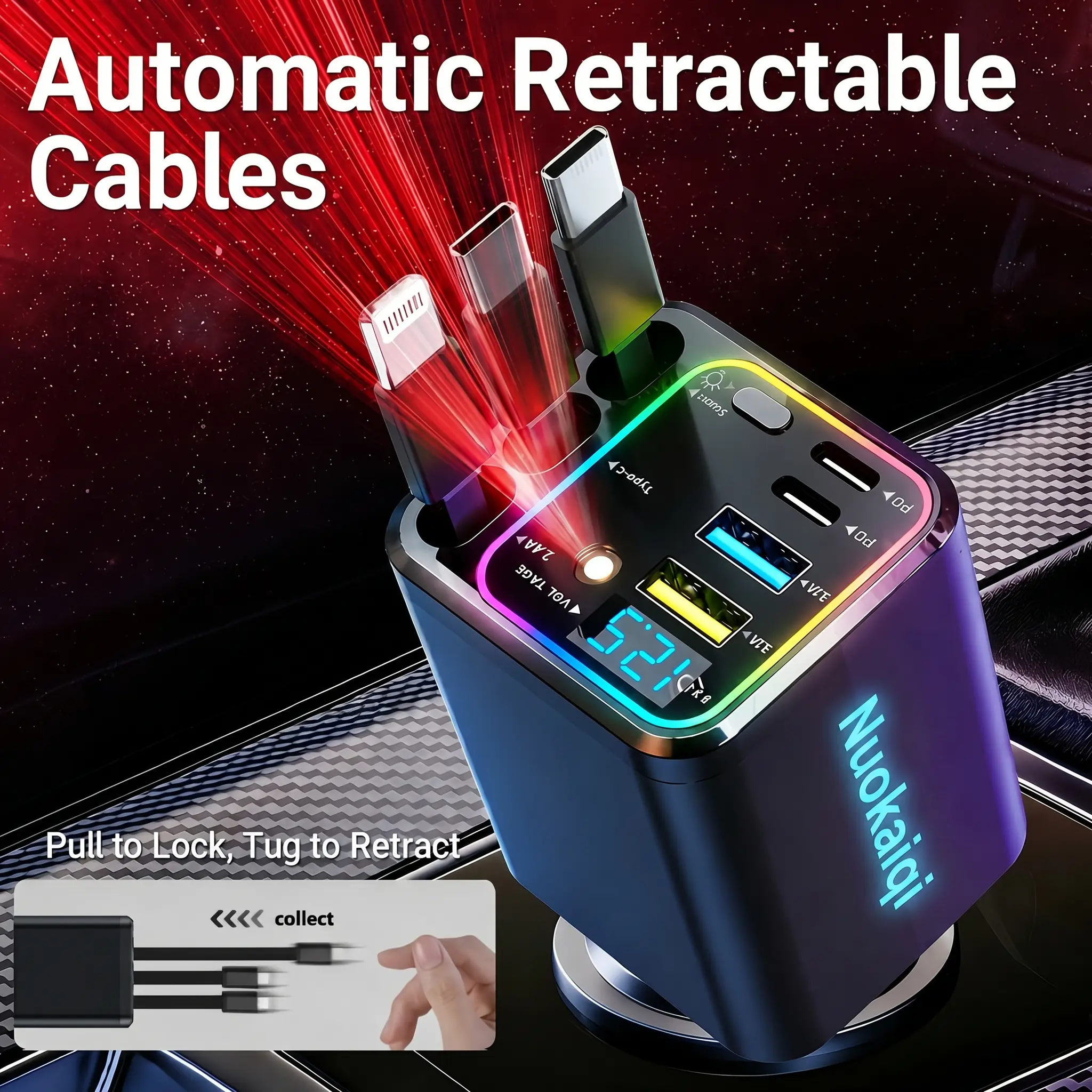 Ultimate Power Station for Phone, Pad & Laptop,Car Charger: Starry LED,Atmosphere Lamp,1-Click Galaxy Projector,Star Projector Tangle-Free Retractable Cables & Super Fast Charge,PD20W,USB-A 65W,All 120W Max,Power Hub,
