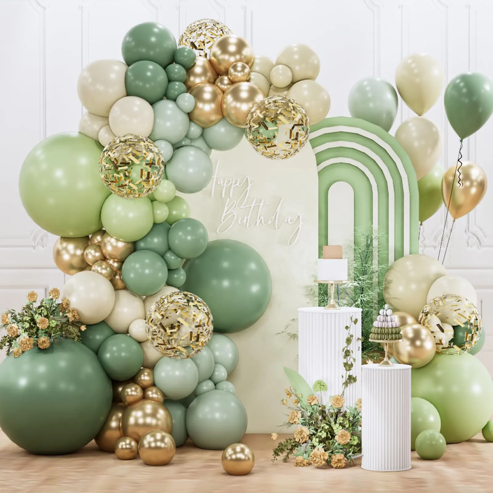PartyWoo Sage Green Round Balloon Arch Garland Kit, 142pcs Metallic & Non-Metallic 18/12/10/5in Olive Dusty Boho Green Set, Balloon Clusters, Birthday Theme Supplies for Graduation, Baby Shower, Balloon Clusters Balloons, Birthda