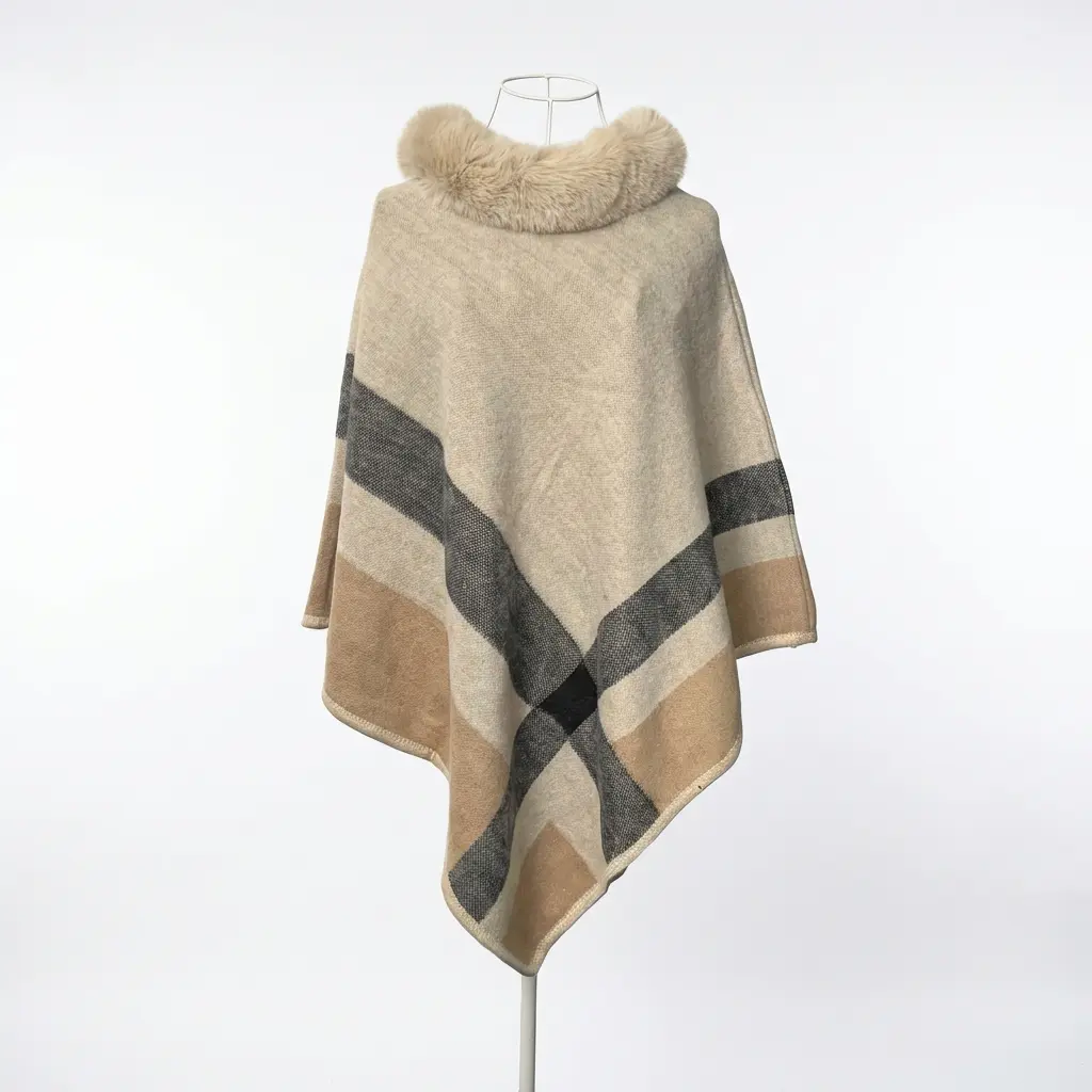 Vselectstudio #11 Plaid Cape Shawl Wrap Scarf Faux Fur Collar Blanket Shawl Elegant Winter Cape Wrap for Women Soft Warm Fall Winter Fashion Shawl Stylish Fashion Accessory for Women Daily Wear Travel Outdoor Outfit