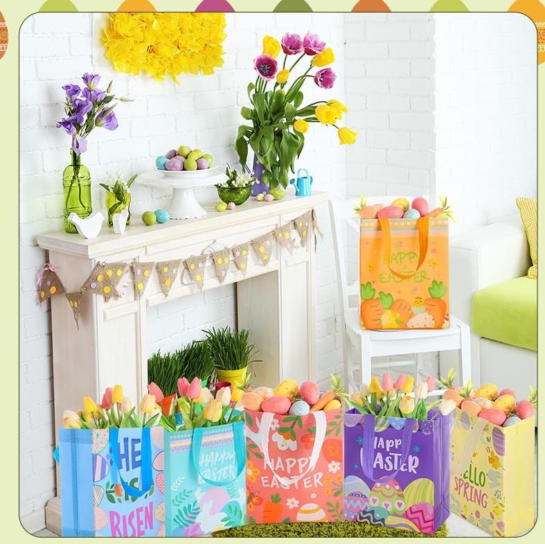 24/36/48 Pcs Easter Gift Bags Non Woven Bags Easter Basket Filler Bags Tote Bagswith Handle Egg Hunt Goodie Bags for Student Adult,Bunny Treat Bags for School Classroom Party Supplied,Gift Wrapping for Birthday Holiday Easter