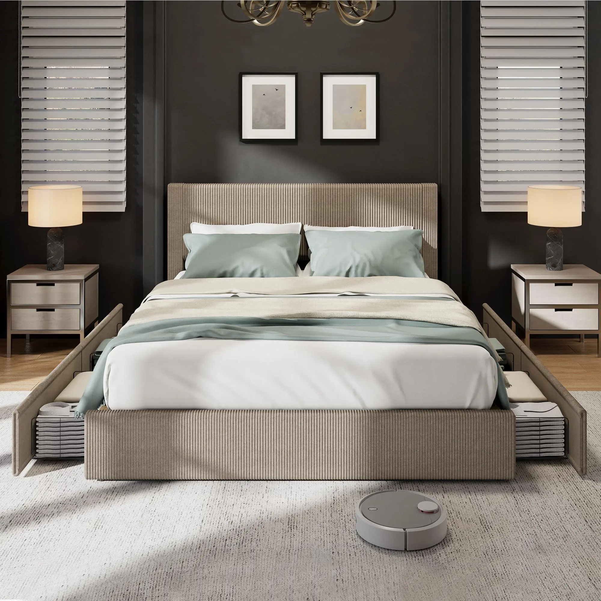 Brown Corduroy Full Platform Upholstered Bed Frame with Headboard, Metal & Wooden Slats Support, 4 Storage Drawers, 800-1000 lbs Capacity, Maximize Space, No Box Spring Needed, 1-Box Convenience, Upholstered Bed Frames, Modern Bedroom, Durable, Storage Or