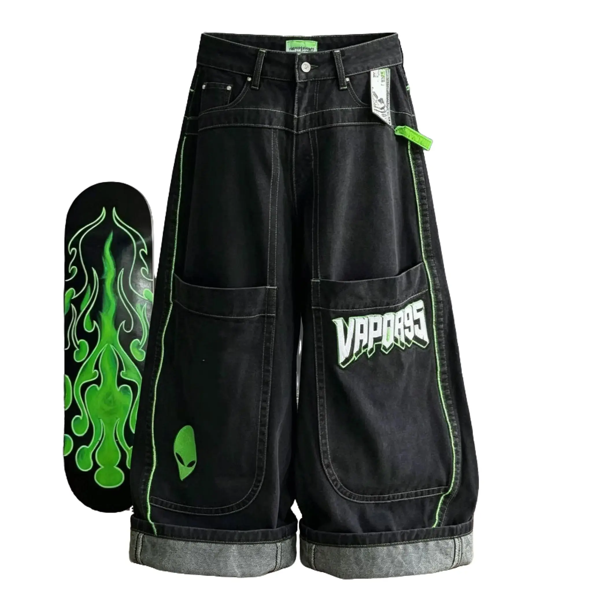 Women's Baggy Denim Jeans - High Waist Wide Leg Loose Fit Jeans with Alien Embroidery Green Neon Stitch, Y2K Streetwear Casual Outfit