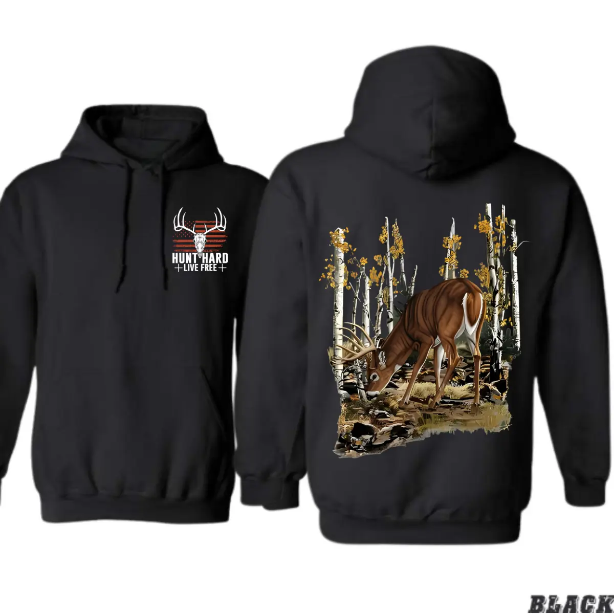 Men's Cotton Long-Sleeve Crew Neck Drawstring Pullover Hoodie - Classic Fit, 3XL, Deer Buck Forest Graphic Print, All-Seasons Outdoor Menswear, Casual Hunting Top, Unisex Sizes, Fall Gift
