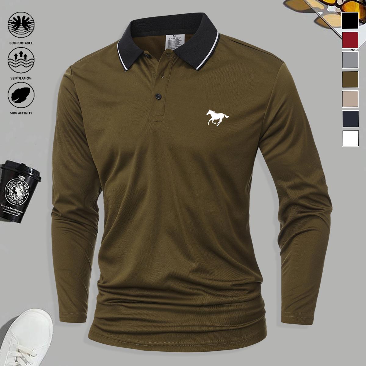5PCS Men’s Polo Collar Long Sleeve Top, stylish, simple, multifunctional, fashionable print design, available in multiple colors, sporty casual, soft and comfortable