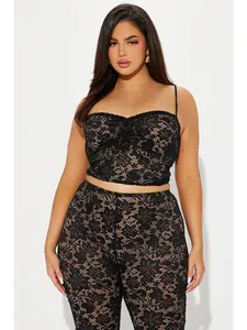 Victoria Lace Capri Set - Black Sweetheart Neckline Tank Top & Capri Pant Full Nude Lining Stretchy 90% Nylon 10% Spandex