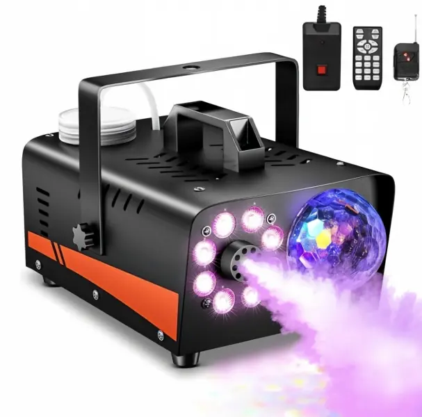 Portable Fog Smoke Machine with Built-in Disco Ball, Multi Colors LED Lights & Dual Remotes (Wired-Wireless), Auto Cycle Fog Generator for Holiday Events, Indoor/Outdoor Party Supplies