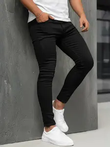 SRETOUU Streetwear Men's holes Stretch Skinny Jeans Black Classic Denim Pants Distressed Five-Pocket Design Casual Menswear