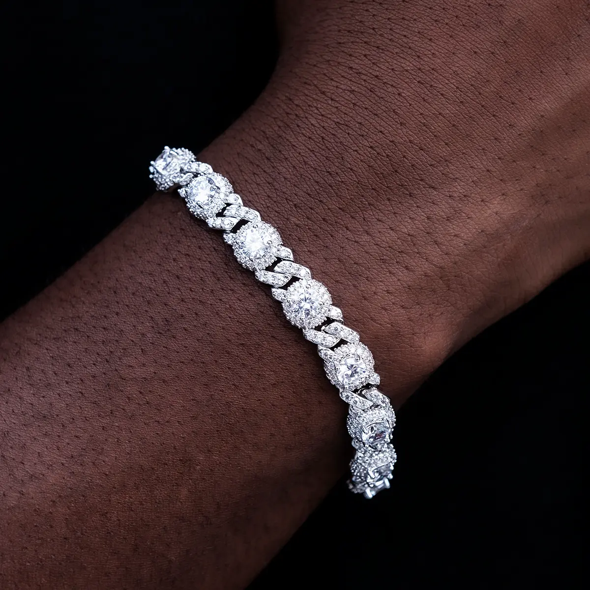 GLD Iced Diamond Station Cuban Bracelet 10mm | White Gold Plated with Hand-Set CZ Stones Luxe Ice Bold Shine Statement Piece Lifetime Guarantee - Perfect Gift