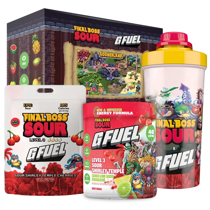 G FUEL Energy Formula | Final Boss Sour Collector's Box | Sour Shirley Temple | Collectible Box and Custom Tall Plastic Shaker