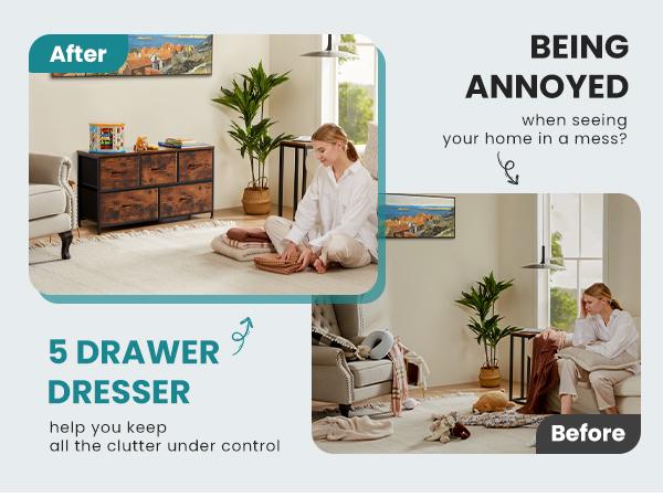 【Deal】Organizer Storage 5, Chest of Drawers with Fabric Bins, Long Dresser with Wood Top for Bedroom, Closet, Entryway