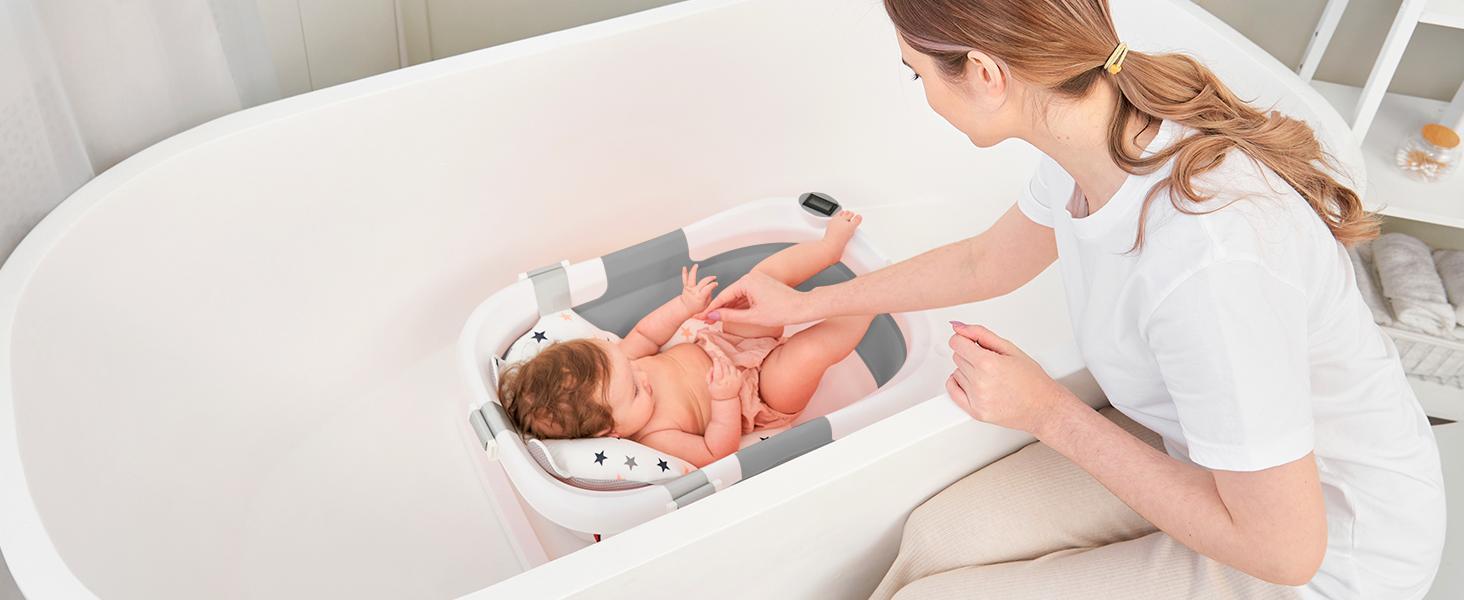 Collapsible Baby Bathtub with Real-time Temp Monitor + Floating Cushion, Foldable Baby Bath Tub Set - Perfect Portable Travel Baby Tub Cute Care Collapsible Baby Bathtub with Real-time Temp Monitor + Floating Cushion, Foldable Baby Bath Tub Set - Perfect Portable Travel Baby Tub Cute Care