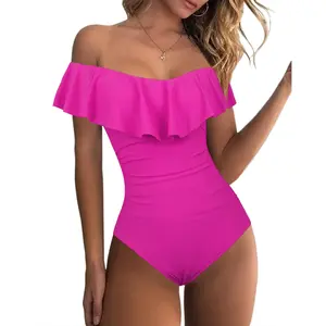 Hilor Women's Off Shoulder One Piece Swimsuits Retro Tummy Control Swimwear Flounce Ruffled Bathing Suit