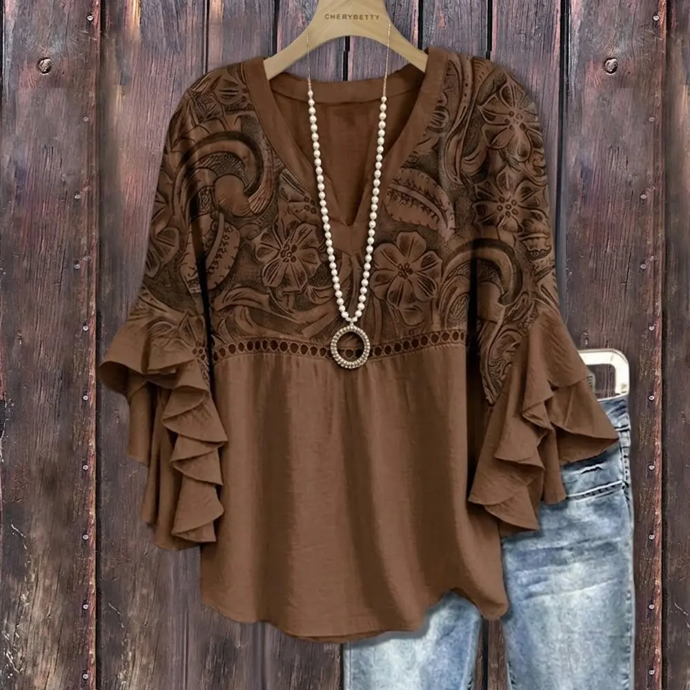 Cherrybetty Vintage Floral Print Hollow Out Ruffle Sleeve Top Outfit Inspo Comfort Elegant Outfits Going Out Tops Spring Summer Fashion Blouses