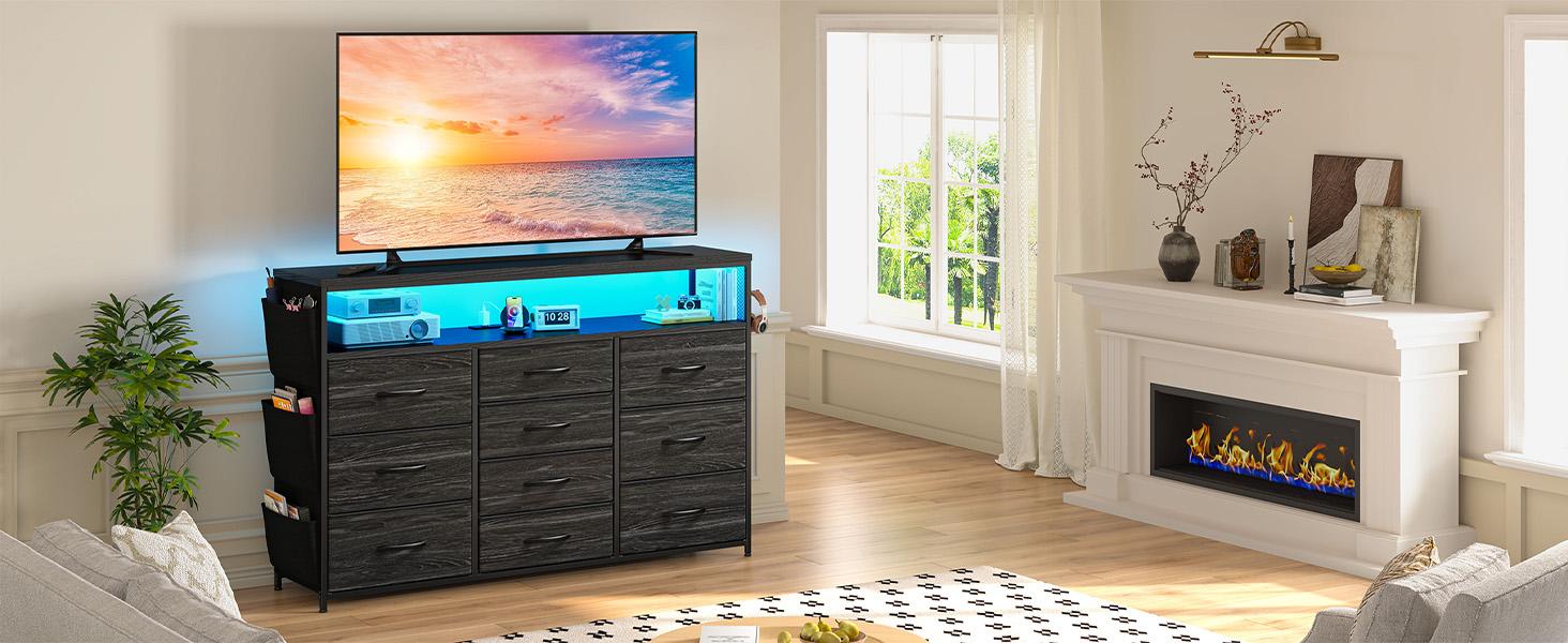 Raybee 10 Drawer Dresser for Bedroom with Wood Open Shelves, 55" TV Stand Dresser for Bedroom with Power Outlets and LED Lights, Fabric Dressers & Chest of Drawers with Side Pocket, Ideal for Living Room, Closet