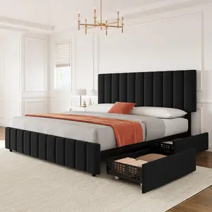 Queen Size Bed Frame with 4 Storage Drawers, Linen Upholstered Platform Bed Frame, Adjustable Height Headboard, No Box Spring Needed, Black