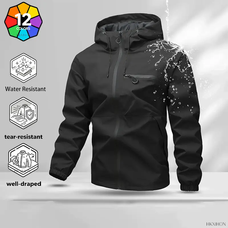Men's Stylish Plain Water-Resistant Hooded Windbreaker - Menswear Tops Coats with Tear-Resistant, Breathable Fabric, Full Zip, Chest Pocket for Hiking, Camping