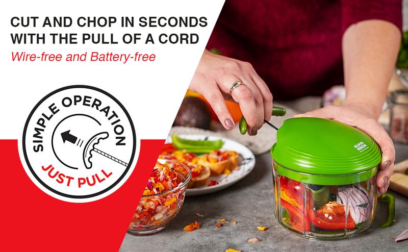 Kuhn Rikon Pull Chop Chopper Manual Food Processor with Cord for Chopping Fruits Vegetables Nuts & More | Sharp Blades Durable ABS Plastic Kitchen Utensil