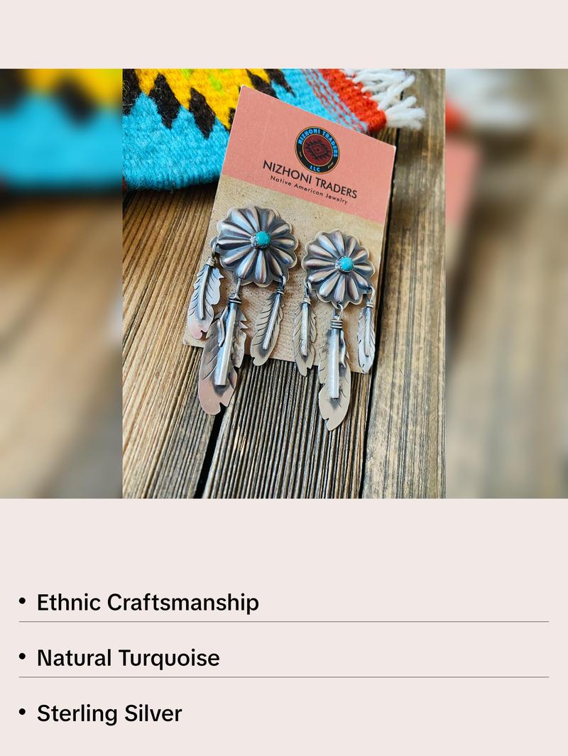Navajo Sterling Silver & Turquoise Concho Feather Dangle Earrings