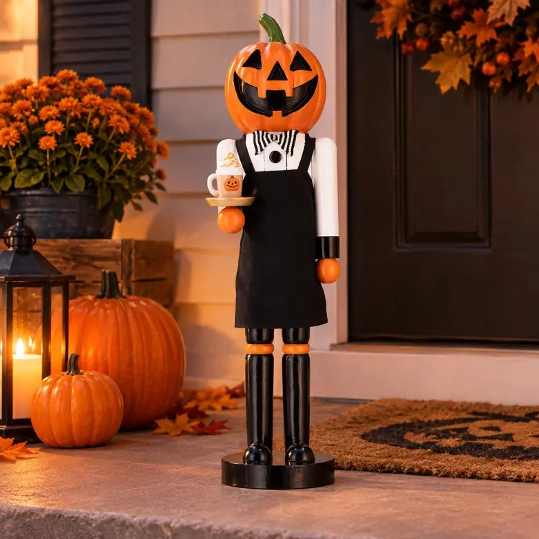 Halloween Wooden Pumpkin Nutcracker Decor, 15-Inch Multicolor Tabletop Figurine