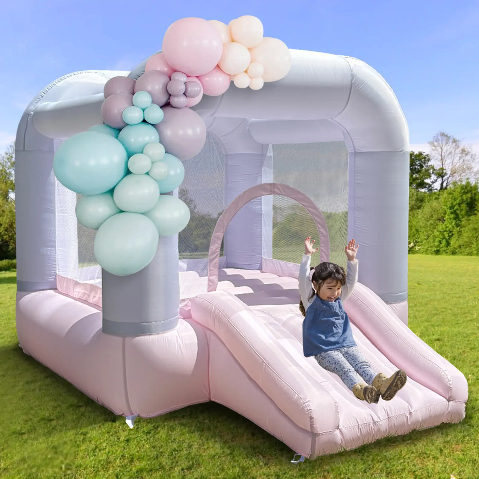 Pink Inflatable Bounce House with Blower - Heavy-Duty Nylon Slide + Jump Combo Sports Play Equipment for Toddlers, Stakes & Anchor, Safety Netting, Repair Kit, Quick Deflate for Outdoor Use & Living Rooms, Jumping Fun