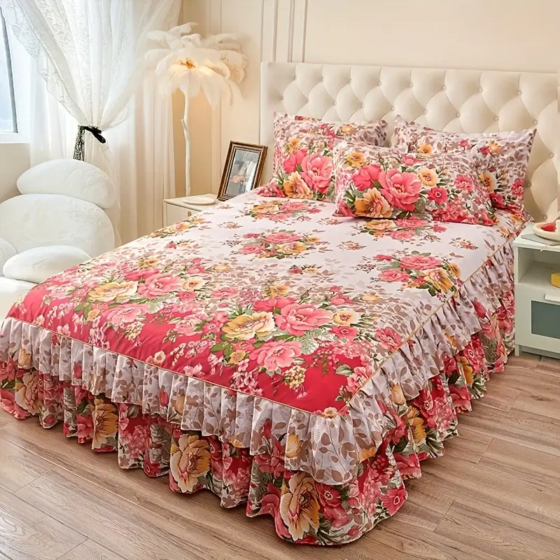 3pcs Ditsy Floral Printed Flat Weave Silky Microfiber Macrame Bed Set - King/Queen Size, Wrinkle-Resistant, Lightweight Coverlet, Breathable Dust Skirt, Cool All Year Bedding for Bedroom Decor Ideas