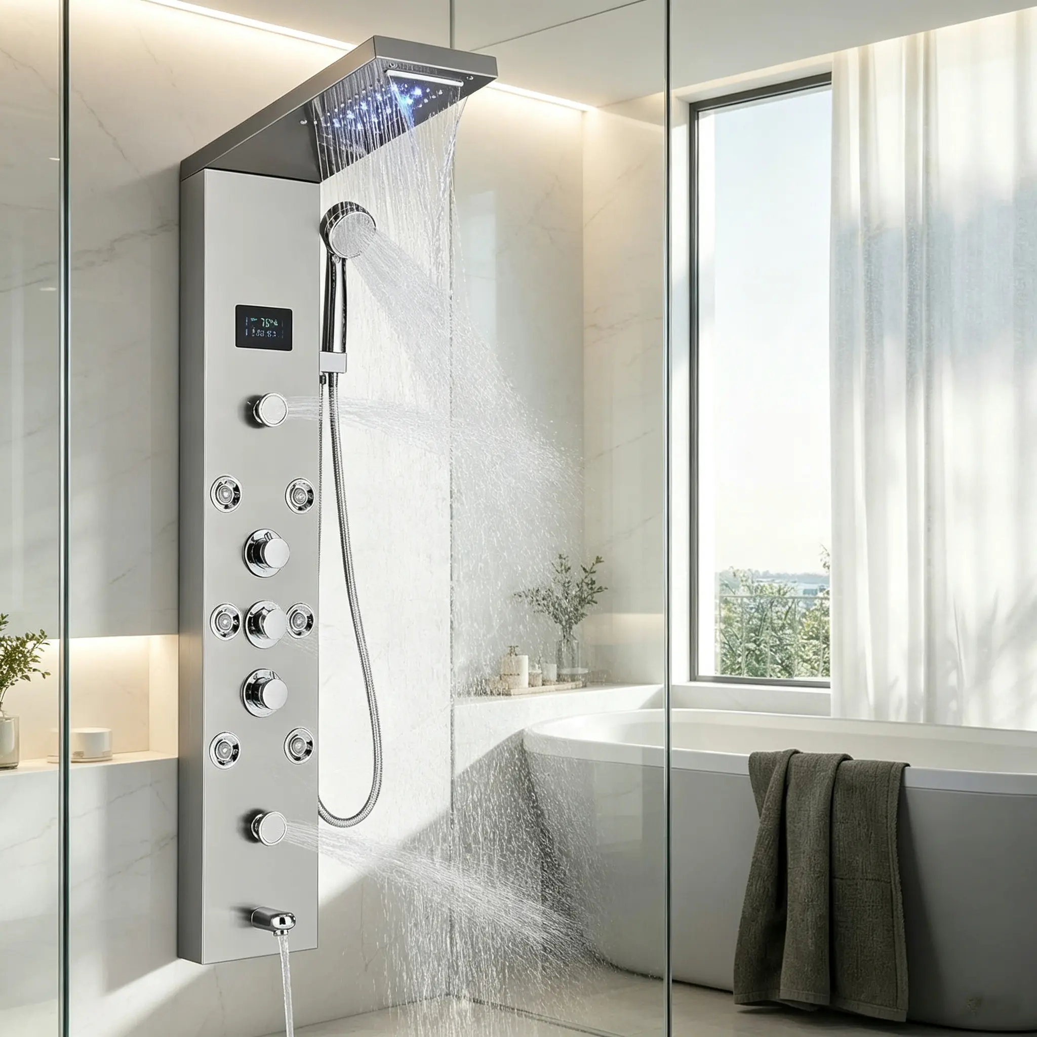 Shower Panel System, 6 Function, LED & Display Shower Panel Tower, Rainfall, Waterfall, 8 Body Massage Jets, Tub Spout, Handheld Shower Head, Stainless Steel Wall-Mounted Shower Set