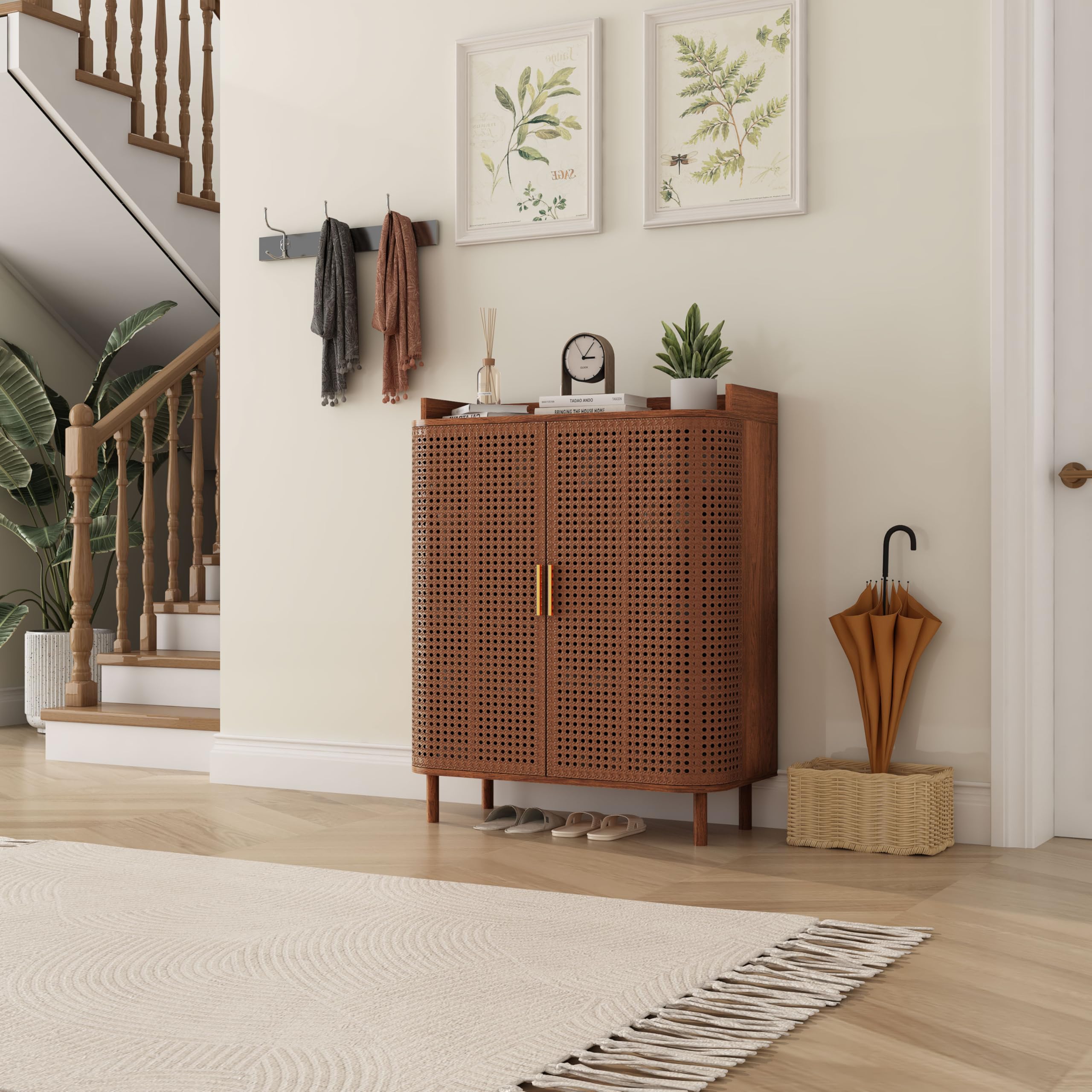 Giratree Shoe Cabinet, 5 Tier Boho Wooden Shoe Storage Organizer Cabinet with Adjustable Shelves, Shoes Rack with Iron Rattan Curved Doors Accent Cabinet for Entryway Hallway Living Room Giratree Shoe Cabinet, 5 Tier Boho Wooden Shoe Storage Organizer Cabinet with Adjustable Shelves, Shoes Rack with Iron Rattan Curved Doors Accent Cabinet for Entryway Hallway Living Room