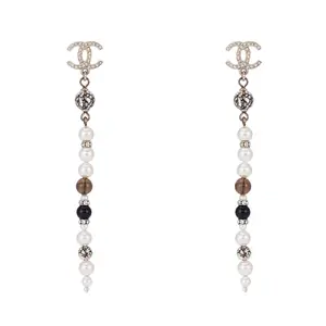 Pre-owned Chanel Linear Drop Crystal CC Earrings Faux Pearl & Multi Color Resin Beads JLP009569