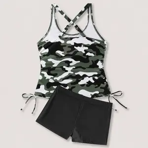 Women's Stylish Camo Tankini Set with Swim Shorts, Green Camouflage Scoop Neck Top, Cross Back Design, Side Drawstring Tankini, Black Shorts Two Piece Swimsuit for Beach Vacation Poolside Summer Wear