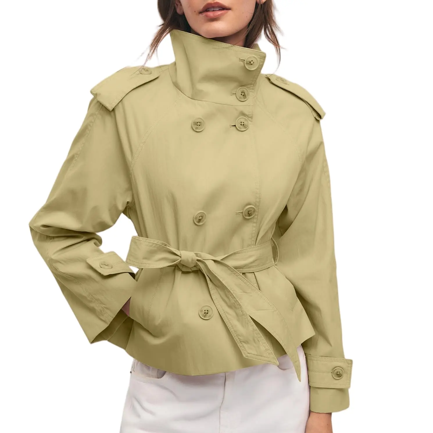 Hixiaohe Women's Short Trench Coat, Double-Breasted Short Jacket, High-Neck, Spring/Fall Coat, Fashionable Coat, Comes with a Belt