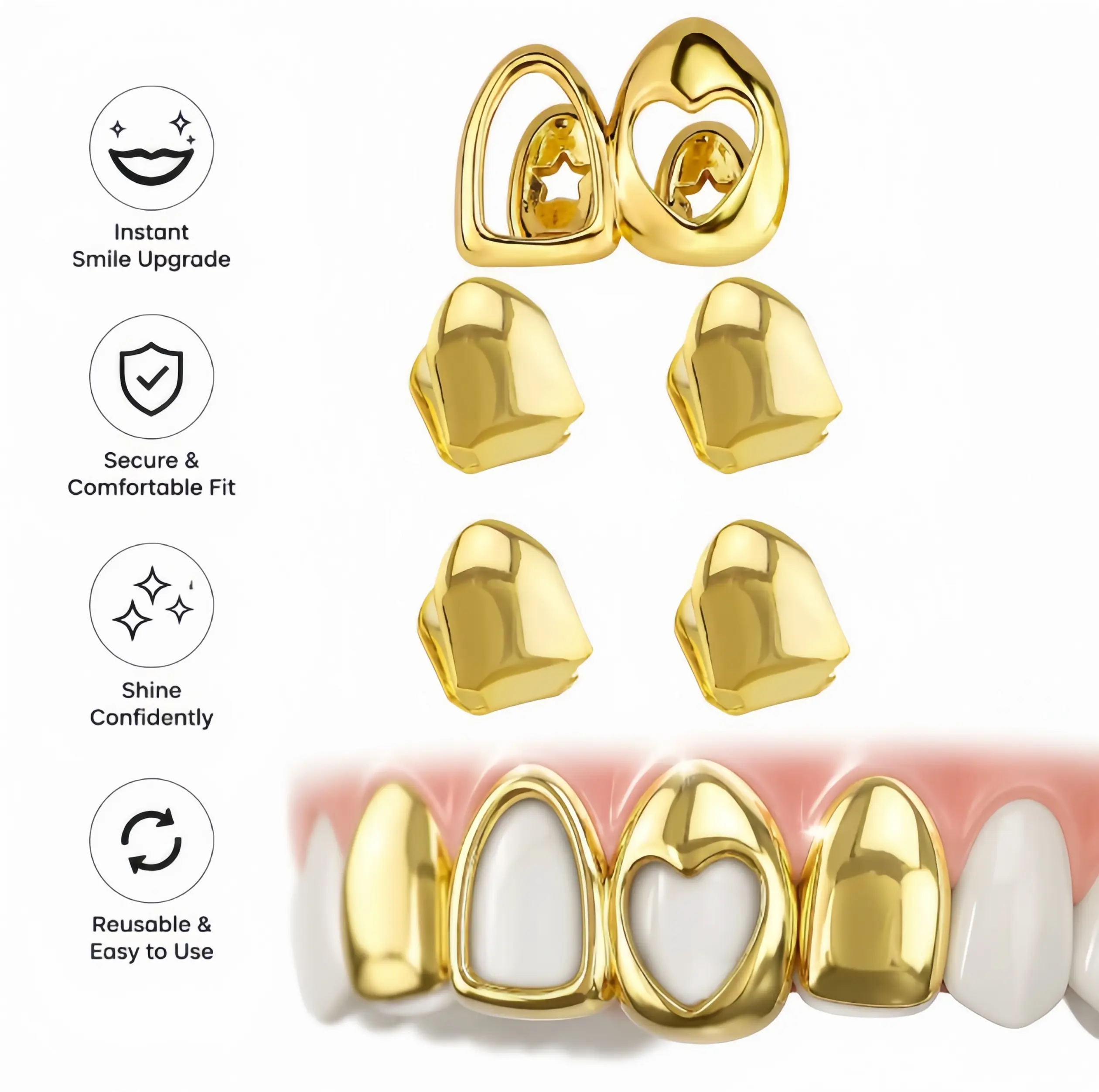 Gold-Plated Removable Grillz - Hollow Heart & Star Upper Grills with 4 Bottom Tooth Caps, Punk Cosplay Accessory for Club Parties & Hip Hop Performances