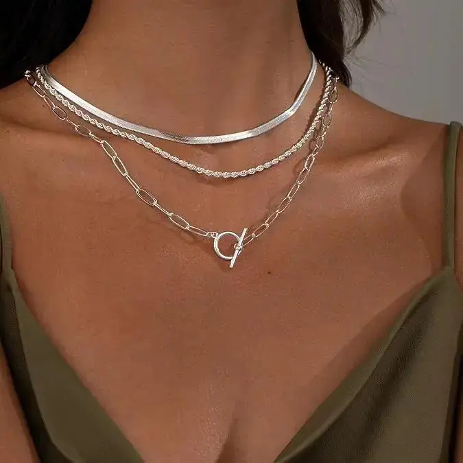  Layered Toggle Necklaces for Women: Dainty Link Chain Necklaces Paperclip Cuban Rope Adjustable Choker T-Bar Toggle Clasp Chunky Necklace For Valentine's Day gifts Trendy Jewelry