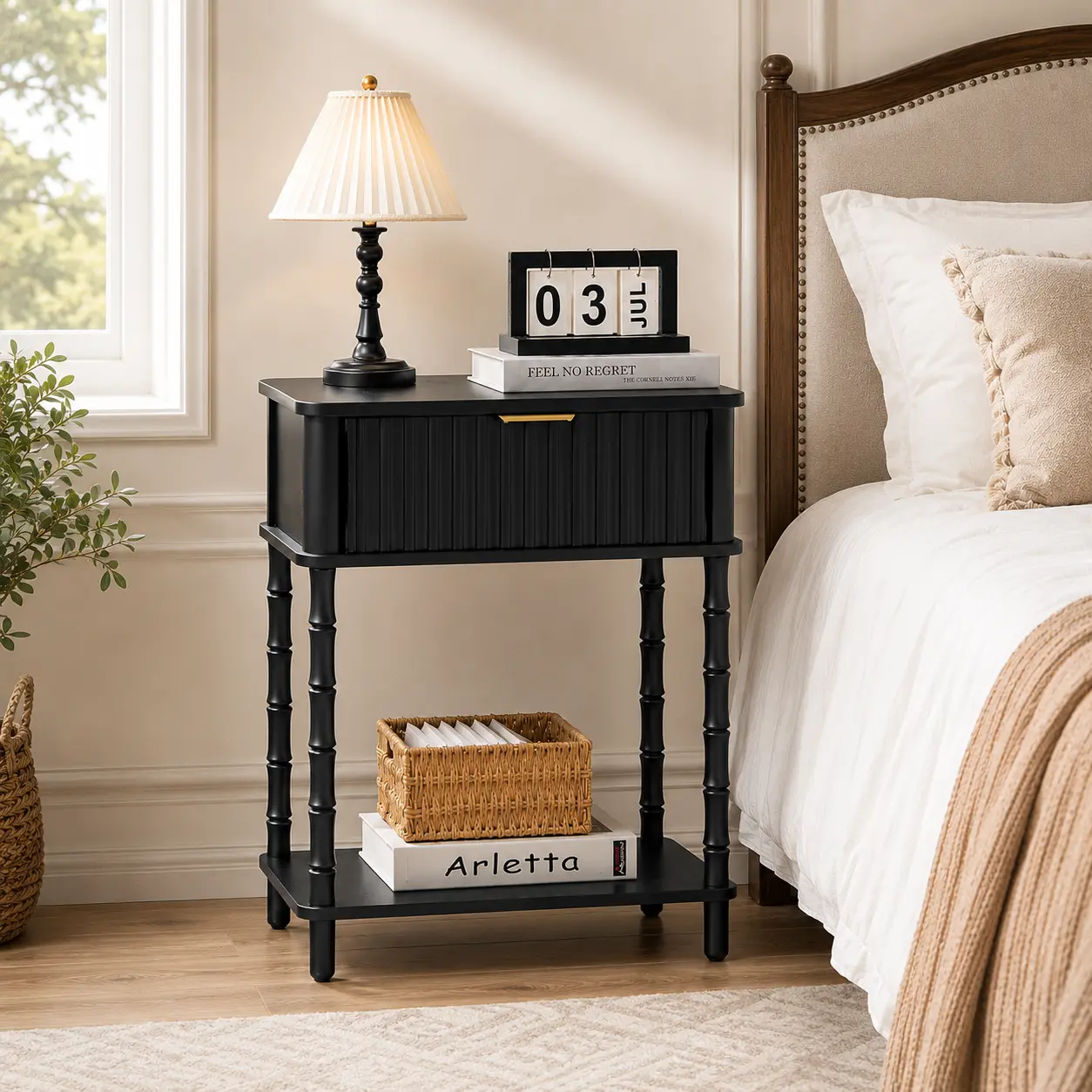 Modern French Black Wood Nightstand with Fluted Drawer, Open Shelf & Spindle Legs - Tool-Free Indoor Accent Table for Bedroom, Small Space Bedside Desk