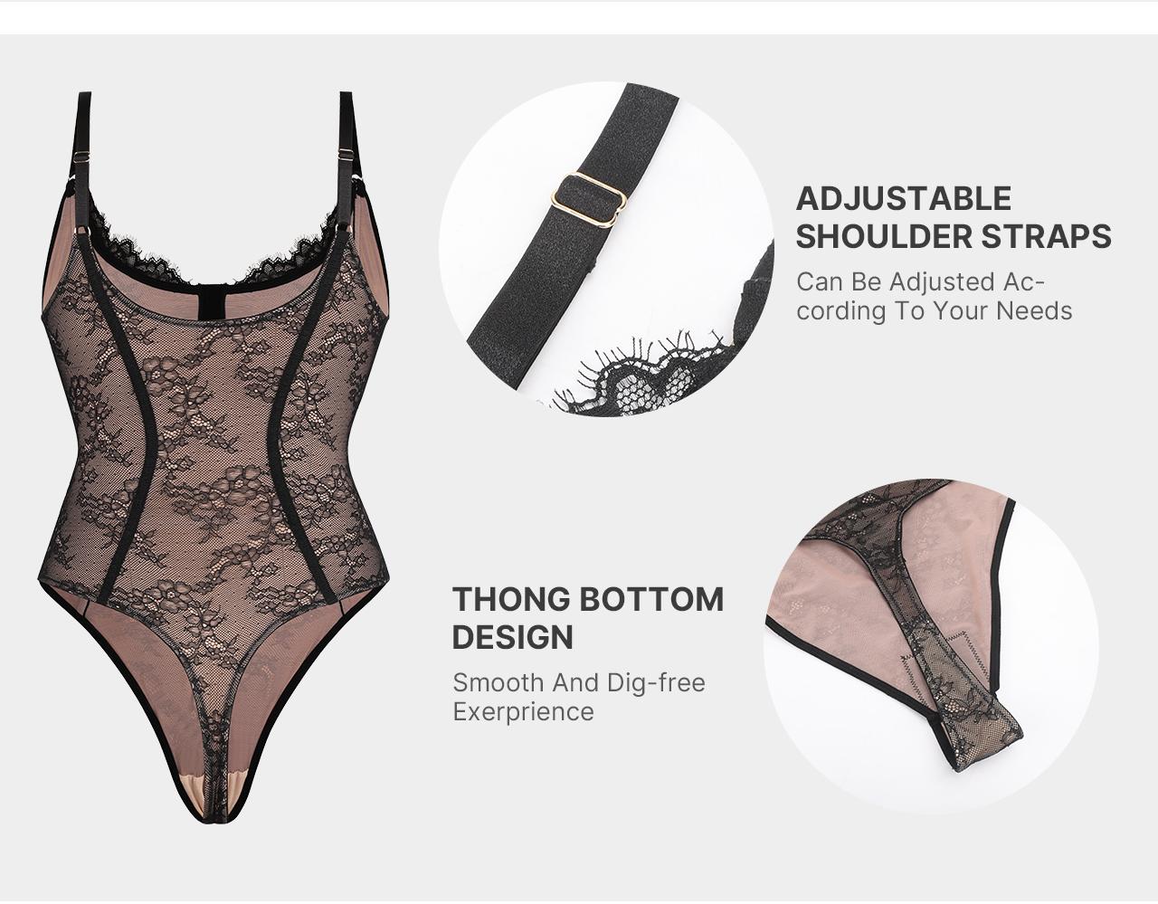 Shapellx Lace Glamour Thong Bodysuit Tummy Control Tops Front Button Design Sexy Womenswear Fit Skinny