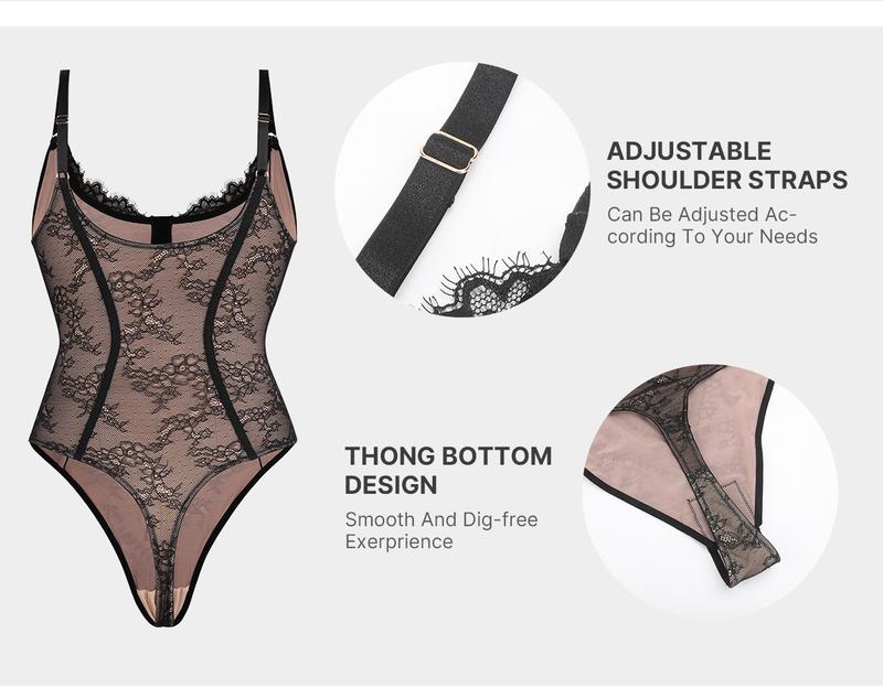 Shapellx Lace Glamour Thong Bodysuit Tummy Control Tops Front Button Design Sexy Womenswear Fit Skinny