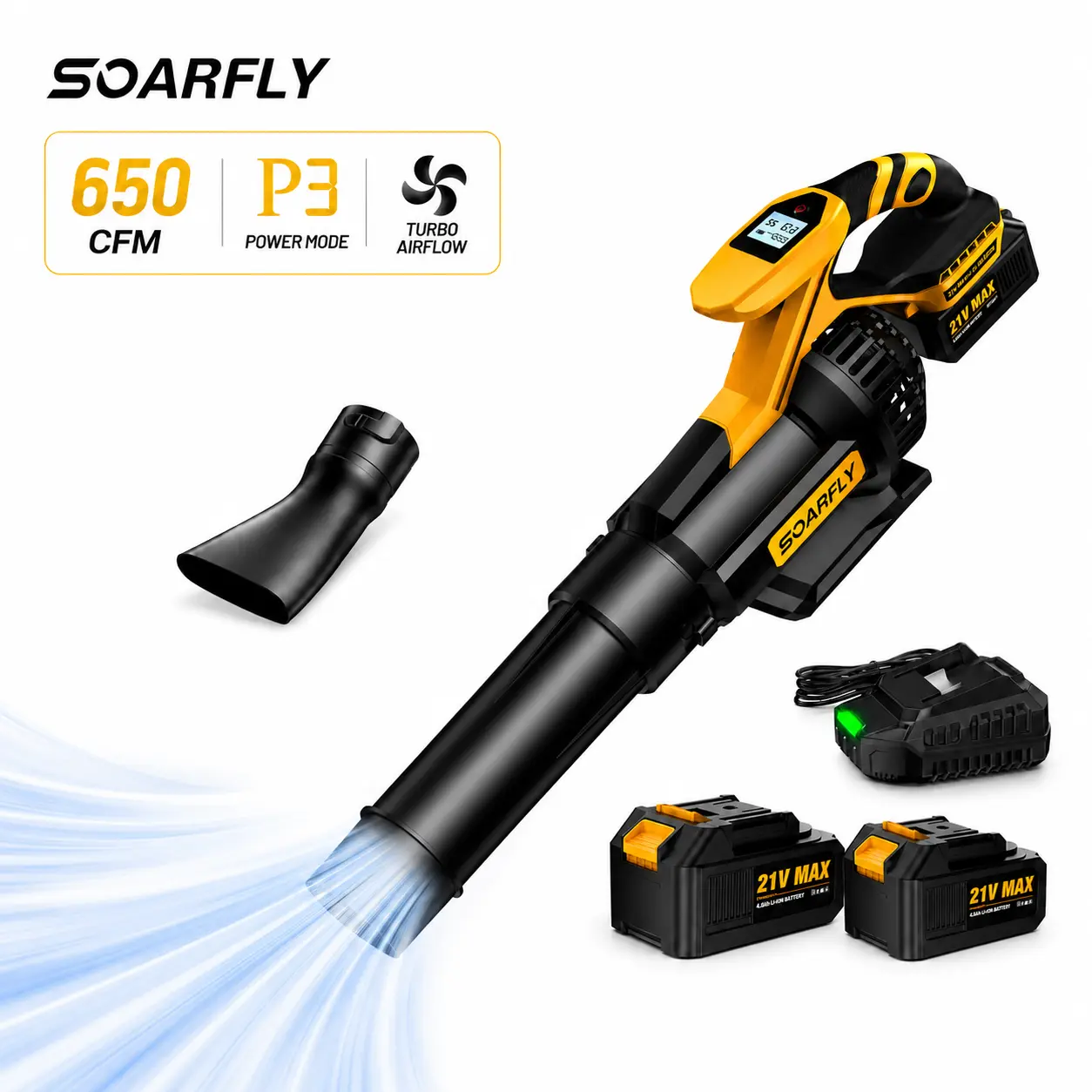 SOARFLY Cordless Turbo Leaf Blower - 650 CFM/130 MPH, 3-Speed Control, Ergonomic Handle, 2×4.0Ah Batteries & Fast Charger, for Garage, Lawn Dust & Outdoor Yard Cleaning