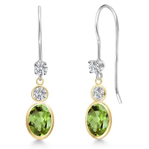 Gem Stone King 14K Two Tone Gold Green Peridot and Lab Grown Diamond Dangle Earrings for Women | 2.16 Cttw | Gemstone August Birthstone | Oval 7X5MM