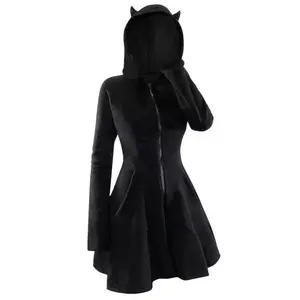 Women's Patchwork Gothic Hooded Long Sleeve Pleuche Cat Ear Slim Dress Dress plus Size Women's Hooded Dress Shirt Casual Womenswear