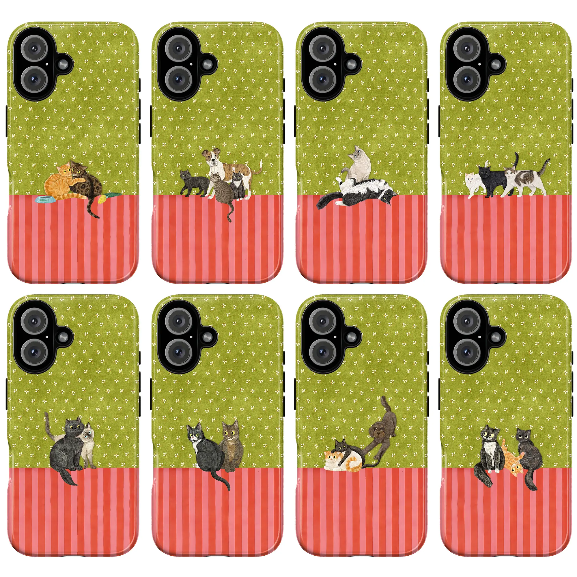 Cute Cat Phone Case – Vintage Animal Illustration Cover for iPhone 17 16 15 14 13 12 11 Pro/Pro Max & Samsung S21-S25 | Aesthetic Green Pattern Case, Funny Kittens Design, Gift for Cat Lovers