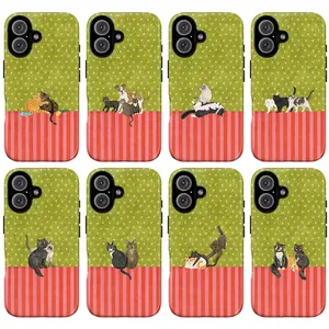Cute Cat Phone Case – Vintage Animal Illustration Cover for iPhone 17 16 15 14 13 12 11 Pro/Pro Max & Samsung S21-S25 | Aesthetic Green Pattern Case, Funny Kittens Design, Gift for Cat Lovers