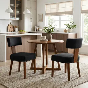 Mid-Century Modern Dining Room Chairs Set of 2, Farmhouse Kitchen Chair with Nailhead Trim & Wood Frame in Dark Rubber Wood Finish, Linen Upholstered