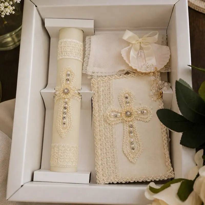 8-in Traditional Catholic Baptism Candle Gift Set - Unisex Festive Religious Home Supply, Includes Rosary, New Testament, Decorative Elements, Packaged in English & Spanish White Box, Gift Sets, 8 Inches
