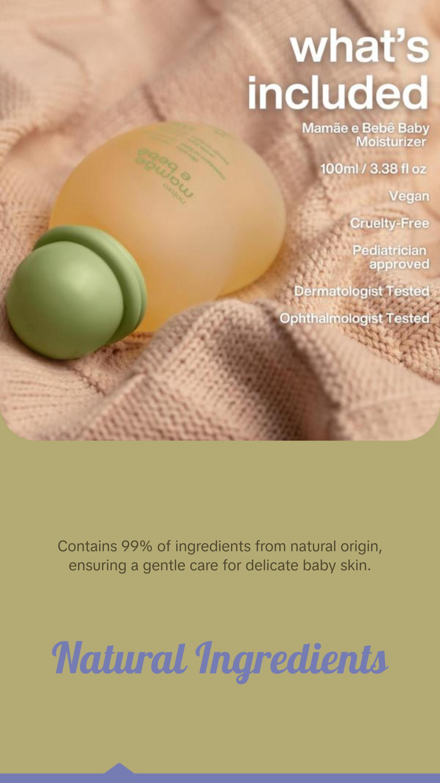 Natura Mamãe e Bebê Baby Massage Oil, Lightweight Vegan Formula, Hydrates & Softens Baby's Sensitive Skin, 3.3 fl oz