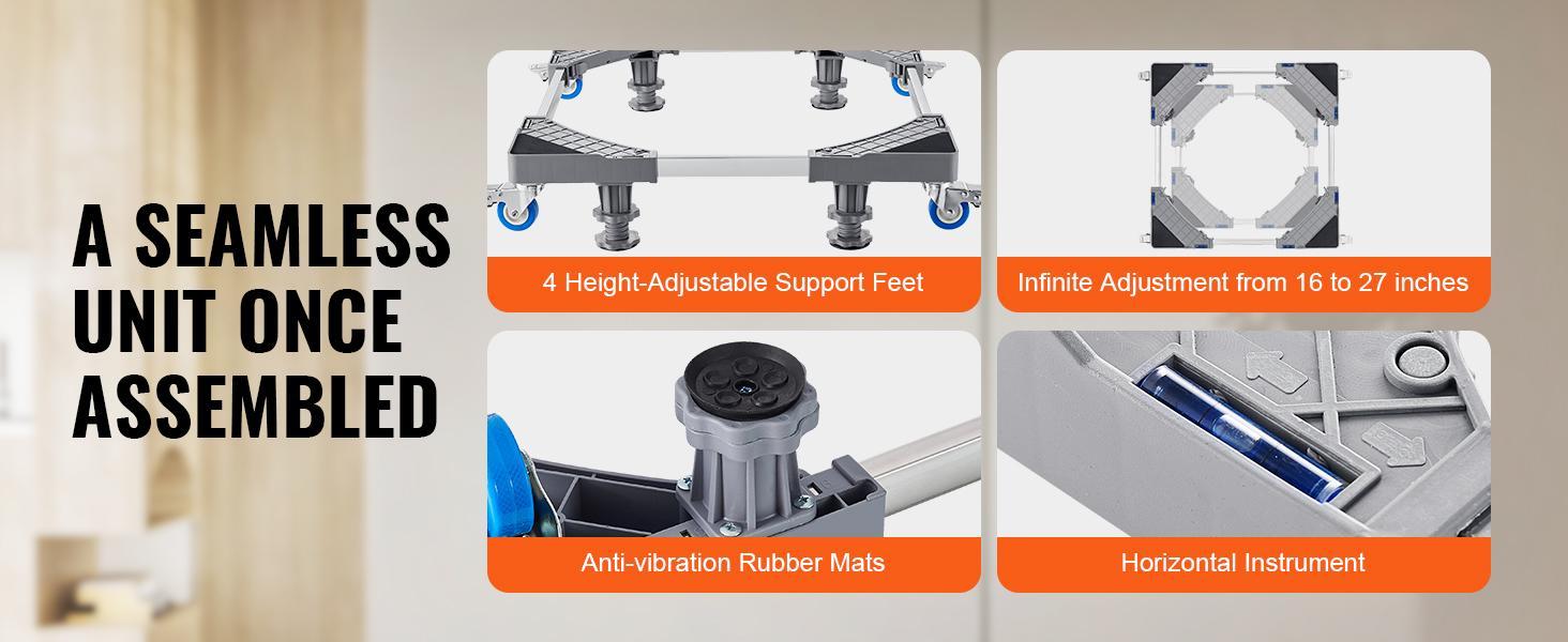 VEVOR Mini Fridge Stand, 400 lbs Load, 4 Strong Feet, 4 Locking Swivel Wheels, Washer and Dryer Pedestal, Multi-Functional Adjustable Base for Washing Machine, and Refrigerator, Universal Mobile Base