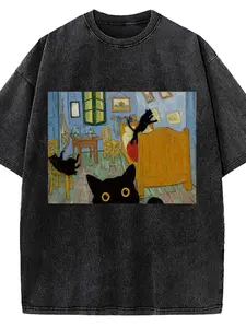 Washed cotton, cat's artistic dream printed T-shirt, high-quality batik cotton retro fashion brand T-shirt, unisex T-shirt, popular daily wear, holiday gifts, perfect gifts