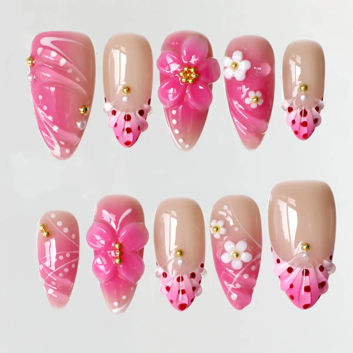 MuseMoodNails PG55 Petal Decorative Press-On Acrylic Nails - 100% 3D Handmade Almond Style, Reusable Long-Lasting Salon Quality, Natural Acrylicnails for Daily Wear, Press On False Nails, Press On False Nails Natural Acrylic