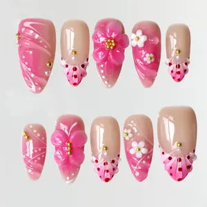PG55 Petal Symphony Press on Nails|100% 3D Handmade Acrylic |Almond Shape | Reusable& Long lasting Salon Quality | Elegant Daily & Daily Wear