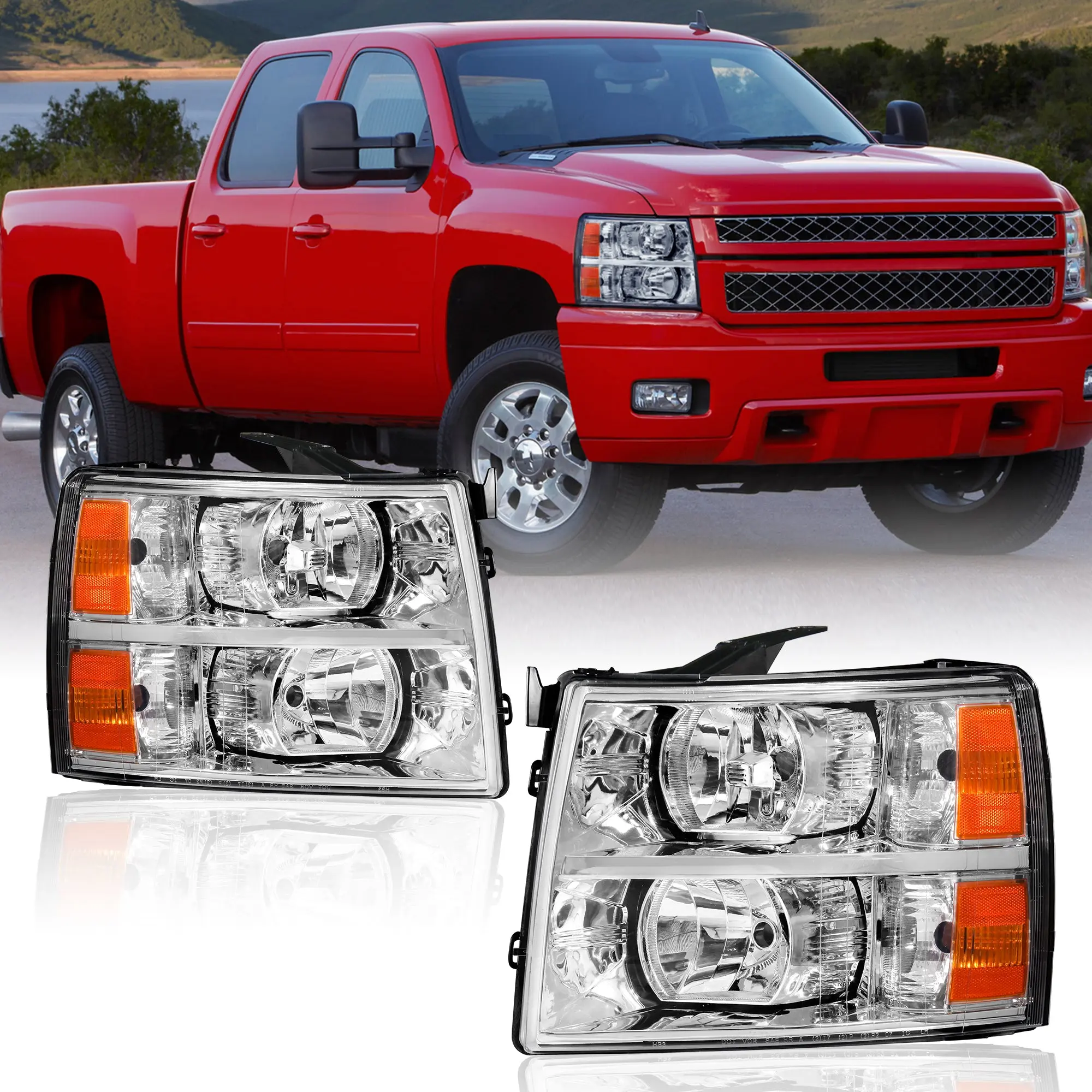 MOSTPLUS Headlight Assembly For 2007-2013 Silverado 1500 2500 3500 Front Lamp with Chrome Housing/Clear Lens/Amber Reflector Truck