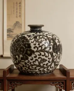 Vintage collectibles Chinese Cizhou kiln-style black-and-white (or brown-glazed carved) phoenix-through-peony small-mouth vase