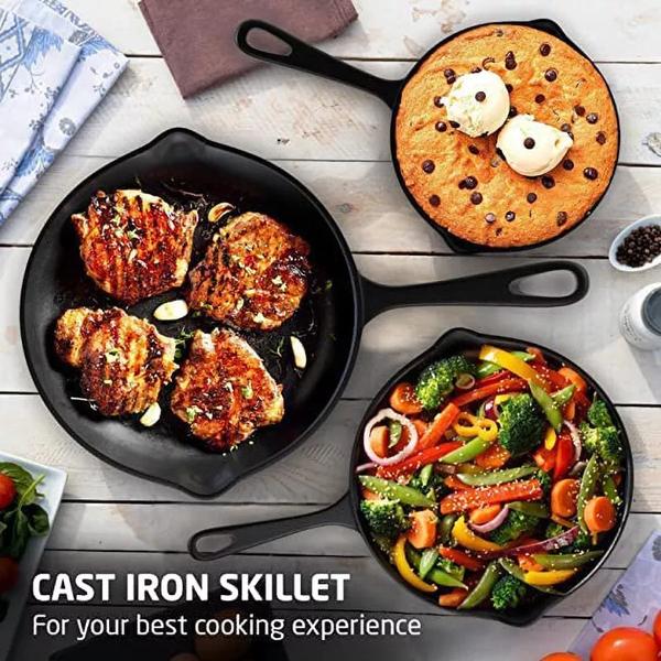 3pcs Heavy-Duty Pre-Seasoned Cast Iron Skillet Set - Non-Stick - Cookware with Ergonomic Handle, Even Heat Distribution for, Searing, Frying - Compatible with Stovetop, & Induction Burners (Indoor/Outdoor Use) 3pcs Heavy-Duty Pre-Seasoned Cast Iron Skillet Set - Non-Stick - Cookware with Ergonomic Handle, Even Heat Distribution for, Searing, Frying - Compatible with Stovetop, & Induction Burners (Indoor/Outdoor Use)